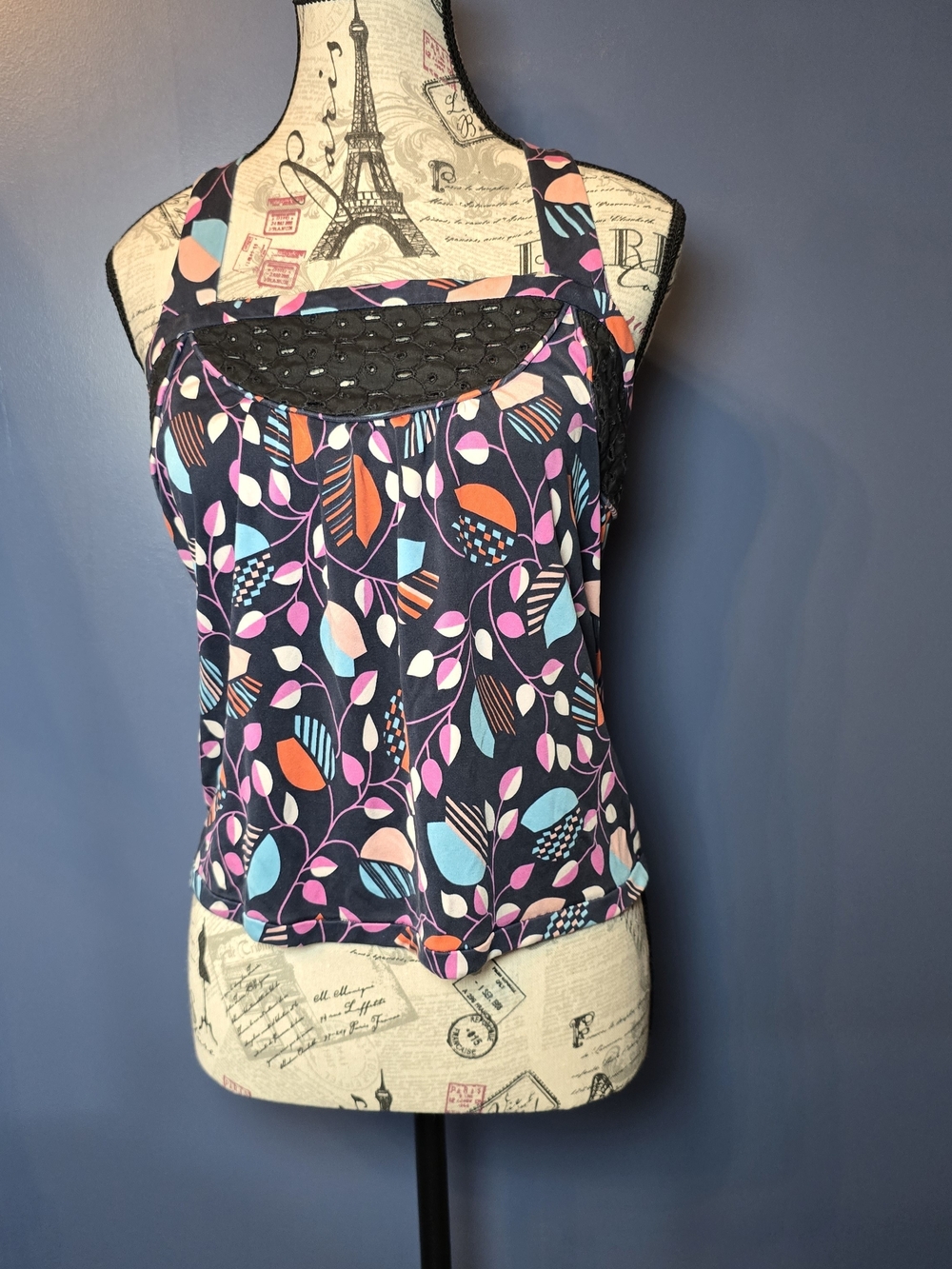Marc Jacobs Navy Leaf Print Tank Top Womens M Sleeveless Crochet Lace Trim